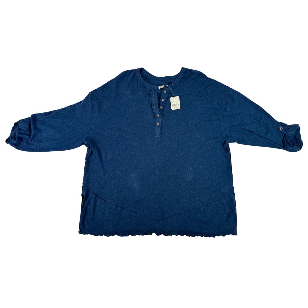 We The Free Free People Deep Seas Blue Linen Cotton Henley Top Women's Sz L NWT